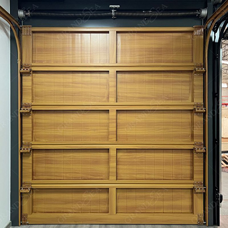 Wood grain aluminum garage doors