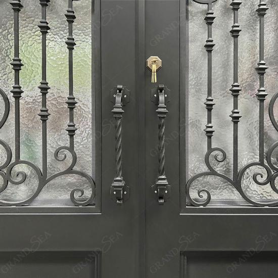 wrought iron door with sidelights