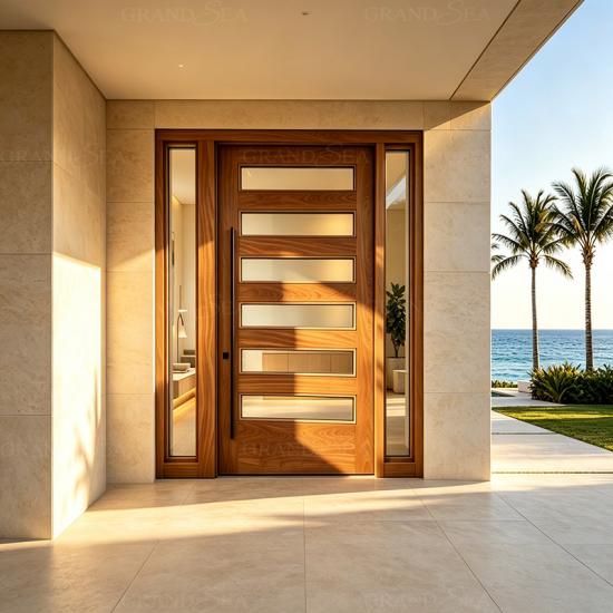 puertas delanteras pivotantes de madera y vidrio